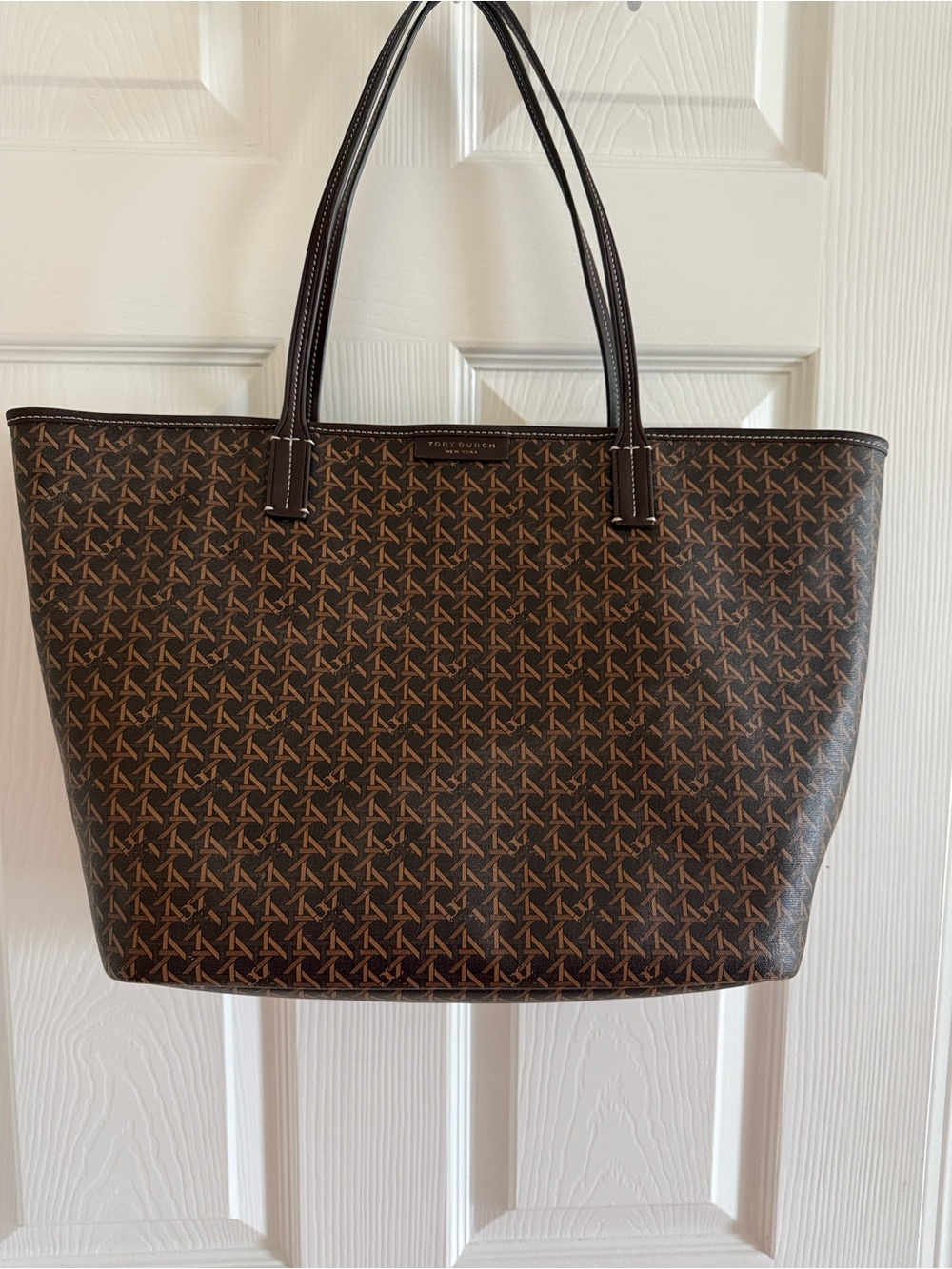 Tory Burch Brown Monogram Tote with Dark Chocolate Handles